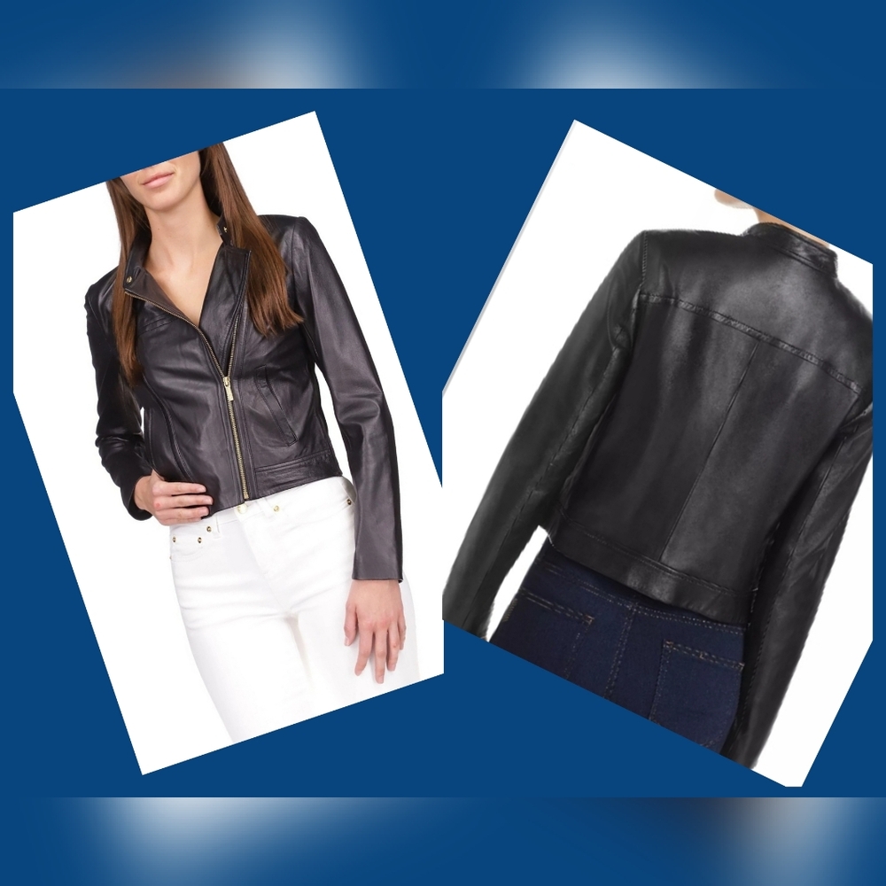 MICHAEL Michael Kors Genuine Lambskin Leather Moto Jacket Petite Med NEW